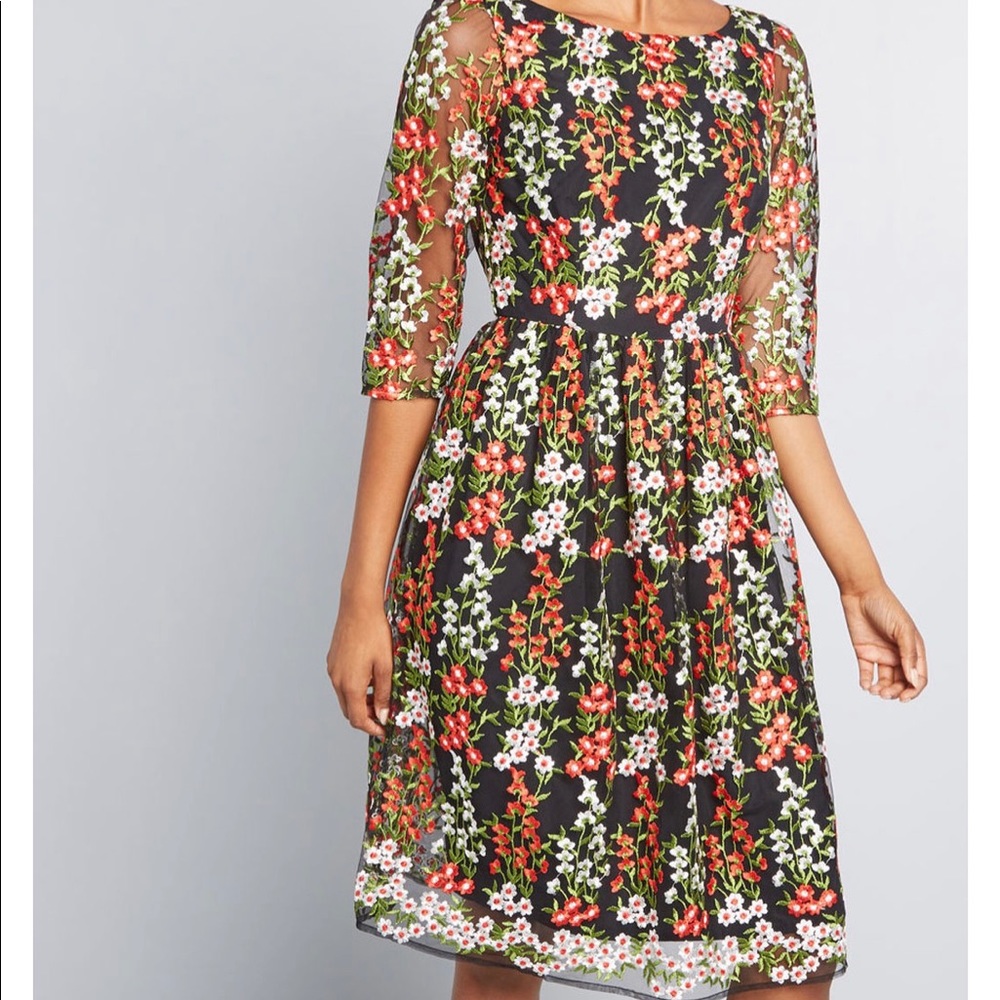 Modcloth dress embroidered floral a line midi